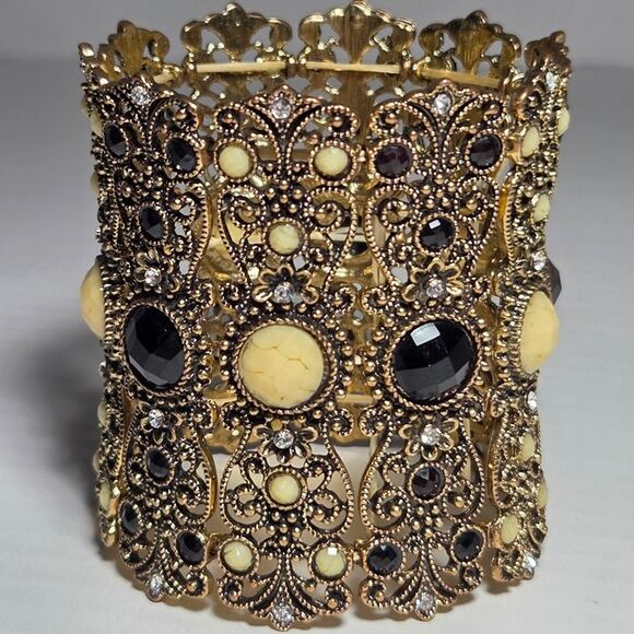 Ornate Filigree 3" Wide Cuff Bracelet Black Cream Cabachons Rhinestone Bollywood - Picture 7 of 10